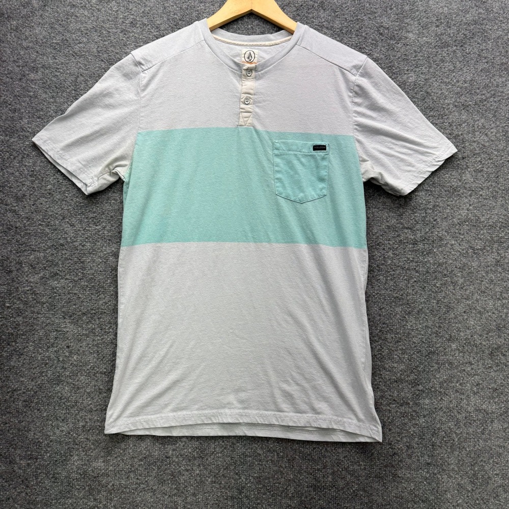 Volcom Big Stripe Henley Shirt Mens Medium Gray Mint Short Sleeve Casual Tee